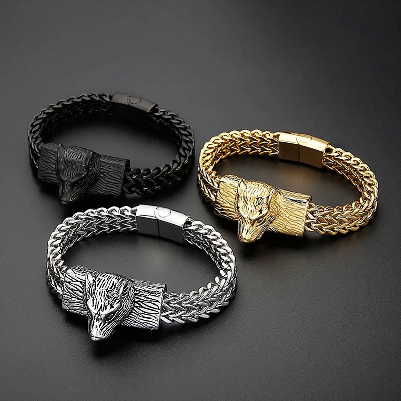 REBEL Punk Fine Jewelry Fashion Bracelets Men Stainless Steel Wolf Head Links Bracelet Bangle