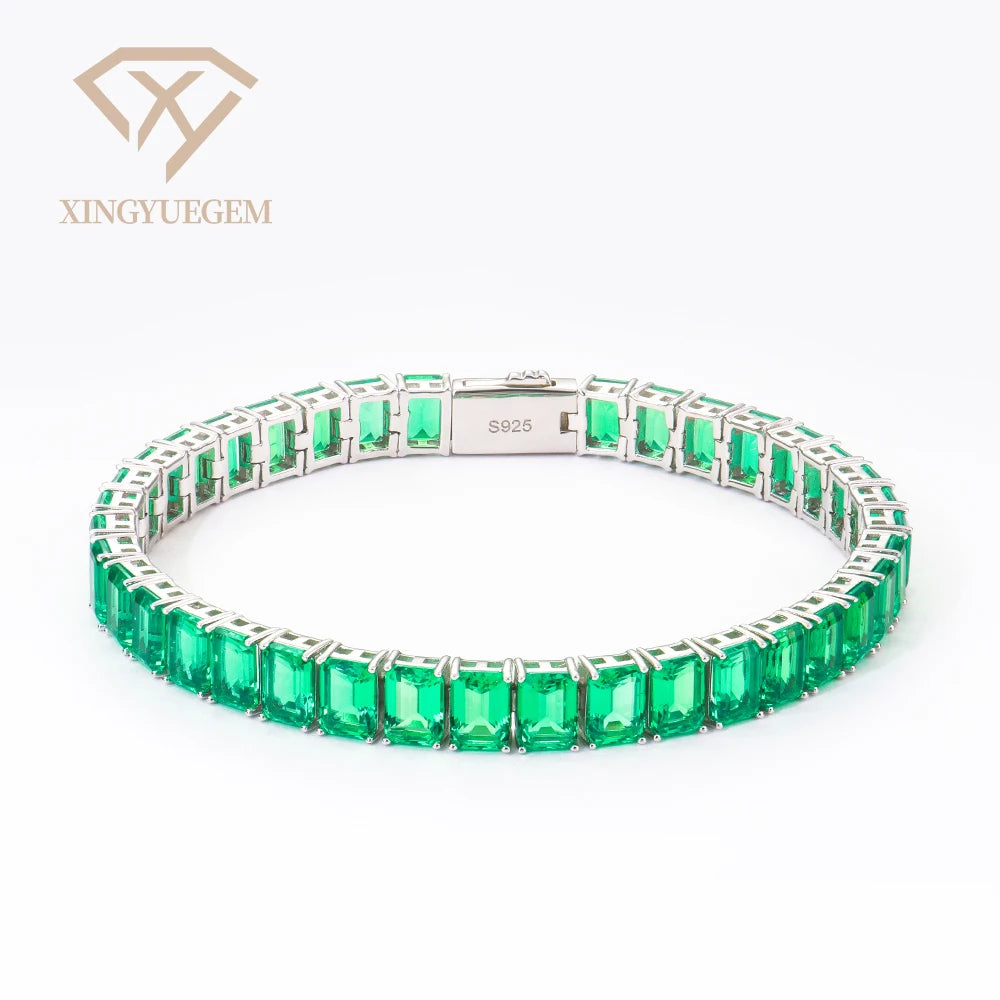 Custom 925 Sterling Silver 5x7mm Cluster Lab Grown Emerald Green Gemstone Columbian Unisex Tennis Link Chain Bracelet