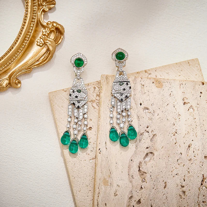 Luxury Leopard Print Teardrop Zirconia Necklace & Earrings Set — Blue & Green