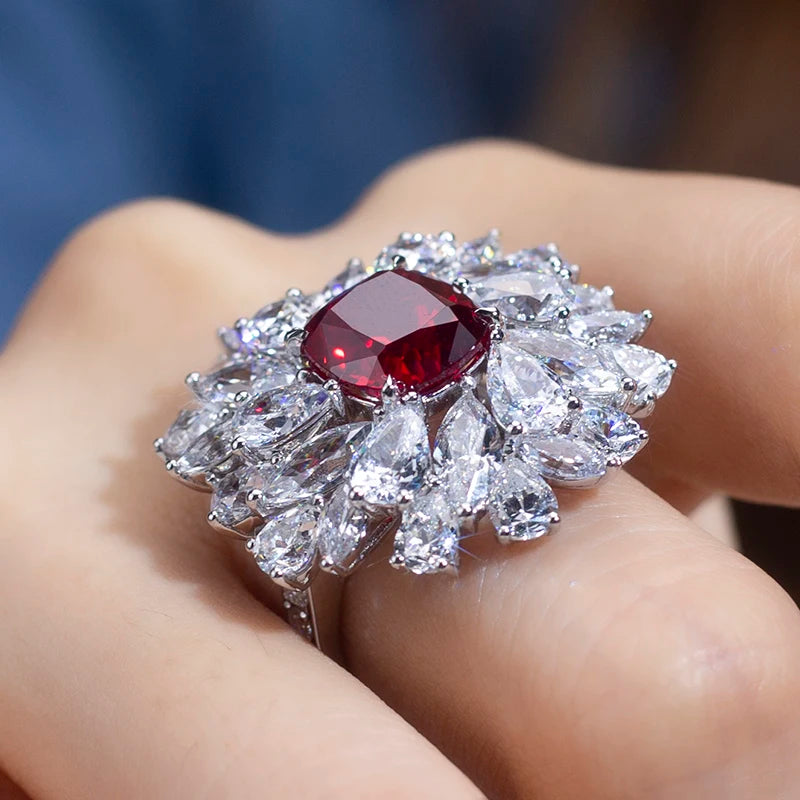 Messi Jewelry MSR-956 S925 Lab Ruby Cushion Cut Ring Flower Design Engagement Ring Wedding Band Classic Gift