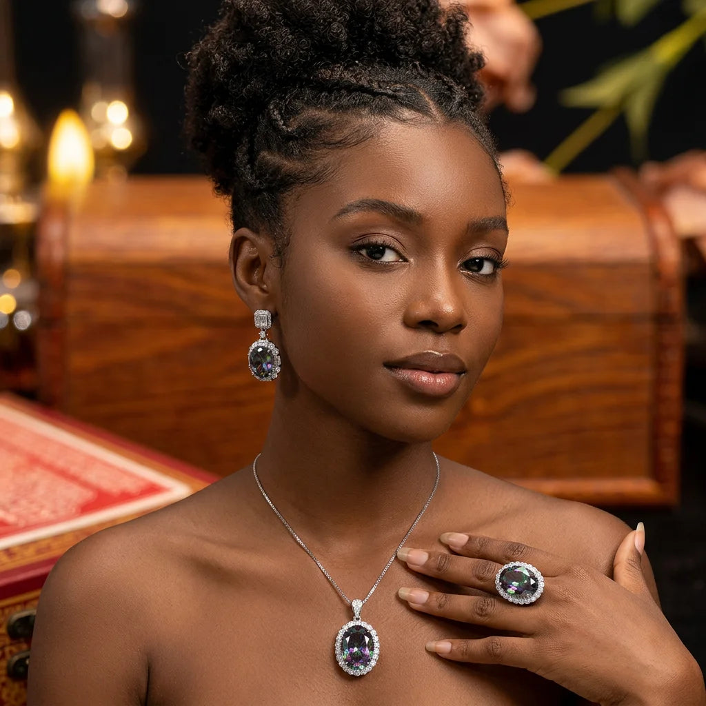 S&S Oval Cut CZ Vintage Jewellery Set – Pendant, Ring & Earrings – Gold Plated – Collection