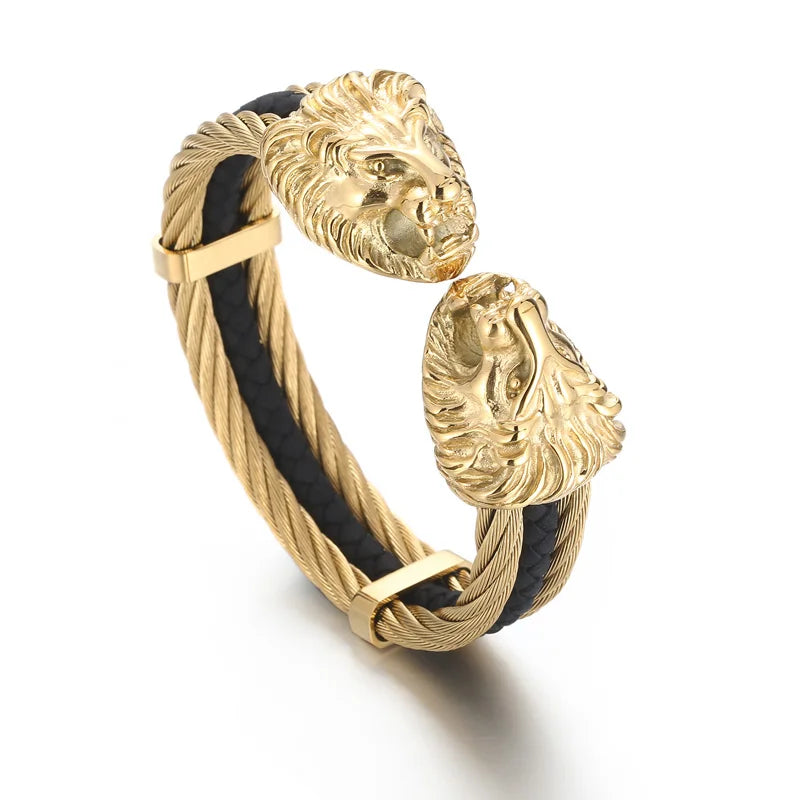 KALEN Punk Silver/Gold/Black/Oxidized Black Stainless Steel Lion Head Cuff Bangle Bracelet