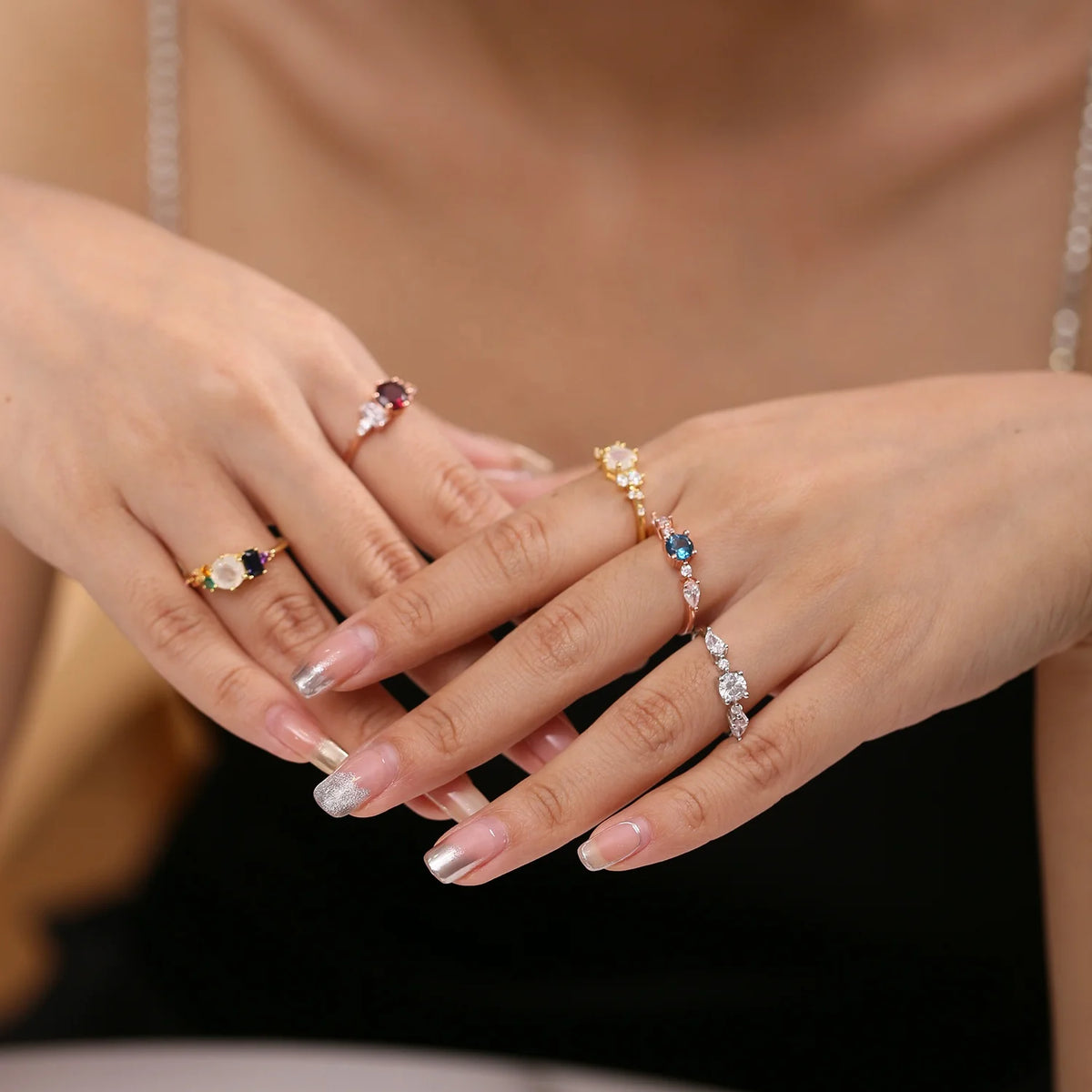 Gemfiori OL1004 Abiding Unique Design Fancy Cut Multi-Shaped Colored Gemstones Natural Moonstone 925 Sterling Silver Cluster Ring