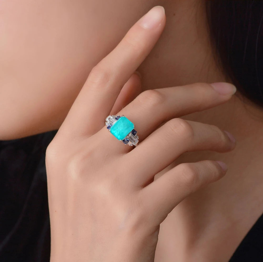 MuShan Jewelry Factory S925 Silver 4 Carat Artificial Gemstone Rectangular 8*10 Ring High Carbon Diamond Light Luxury Ring
