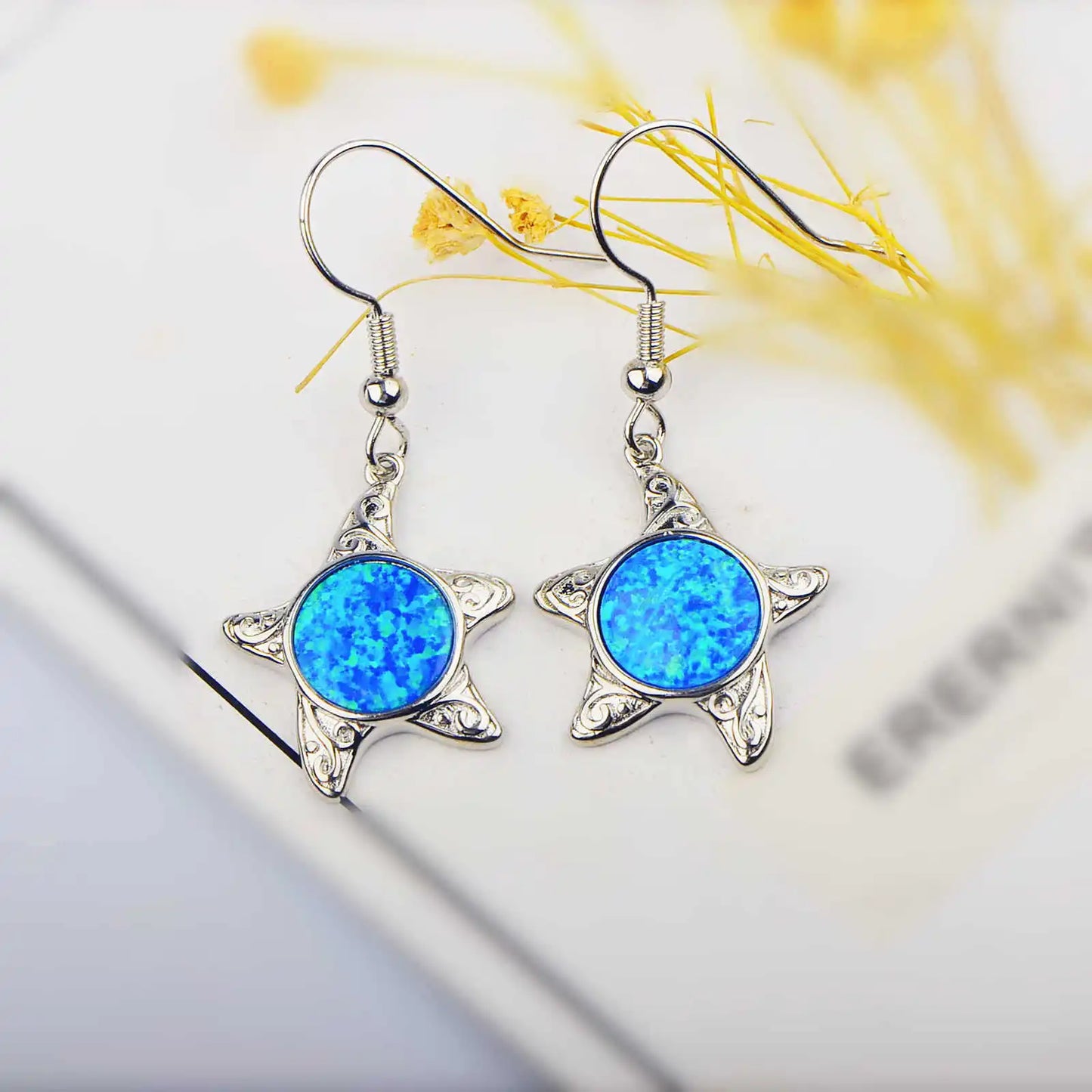 Hawaiian Starfish Star Pendant Earrings Brass Silver Plated Sparkling Blue Opal Bohemian Beach Women's Anniversary TikTok Hot