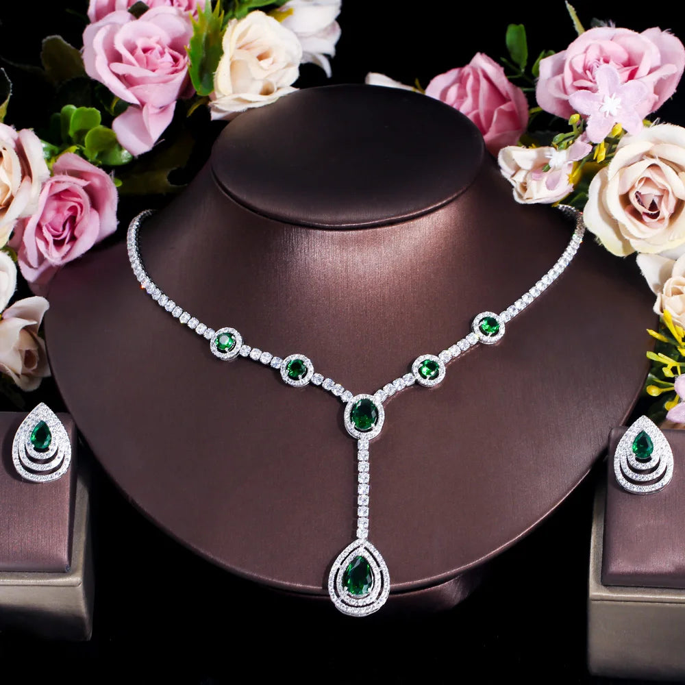 Top Quality Water Drop Emerald Green Cubic Zirconia Women Jewelry Set for Wedding Party Bridesmaid Gift Engagement Accessories