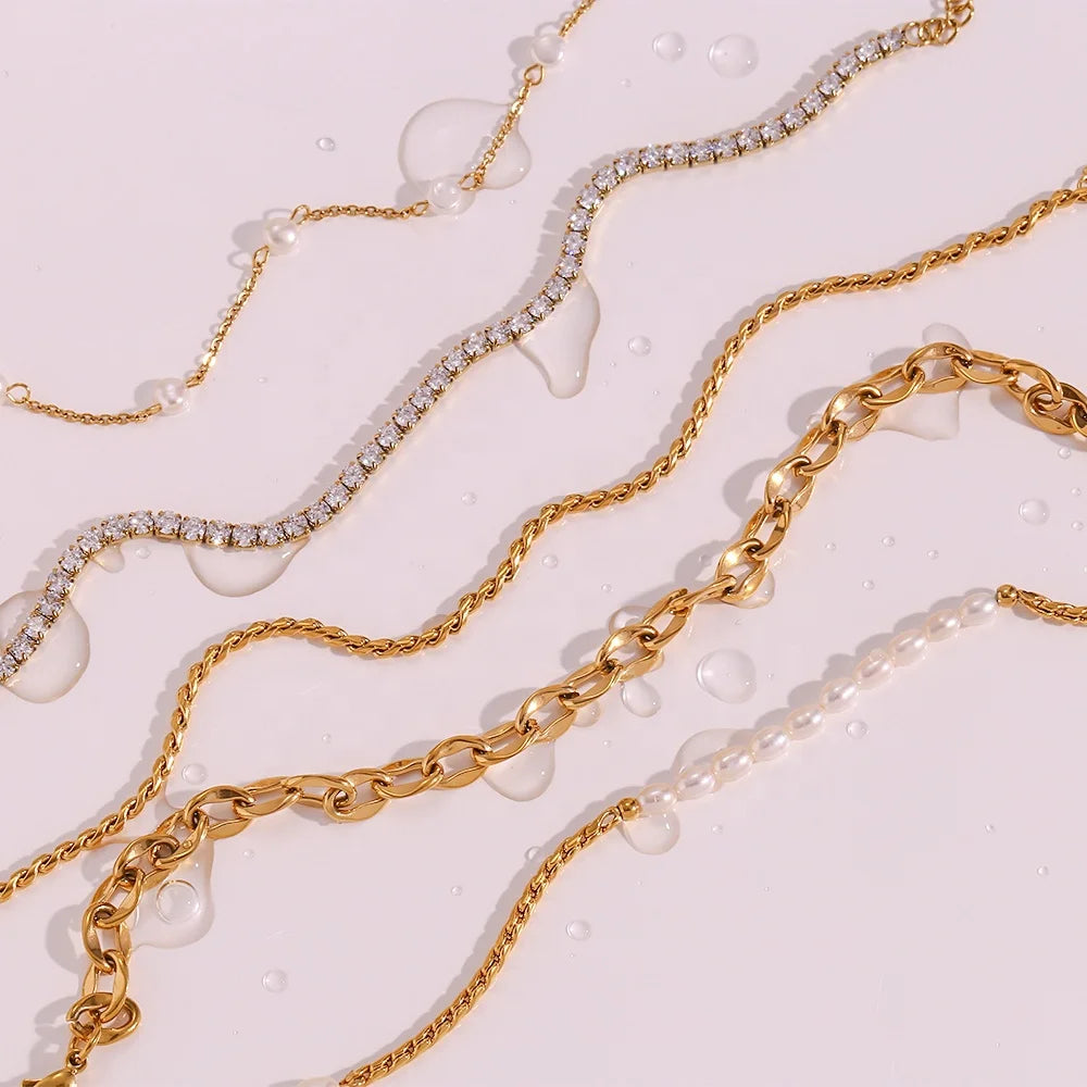 Dreamshow Jewelry Anklet Set Fresh Water Pearl 18k Gold Plated Stainless Steel Anklets for Women