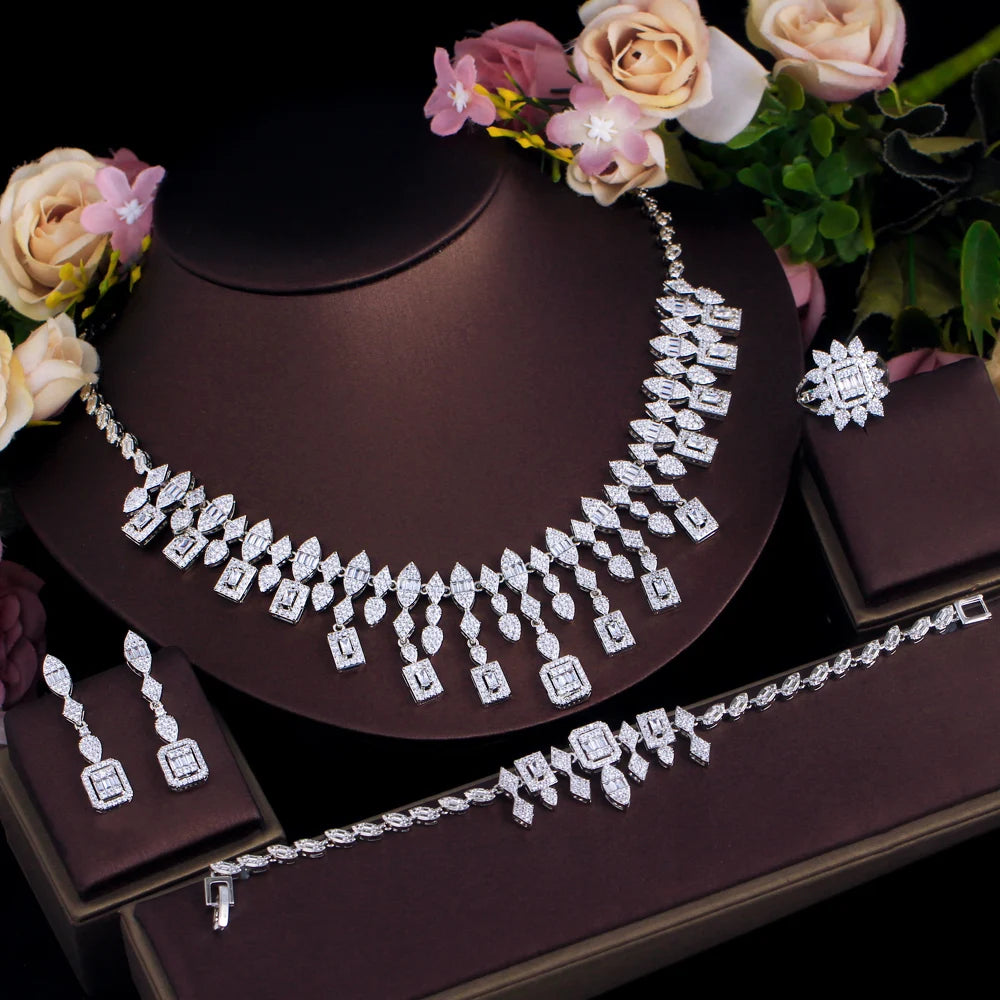 High Quality Tassel Shape Middle East Style Brass Cubic Zircon Wedding Bridal Luxury Jewelry Set for Women Dress Accessories