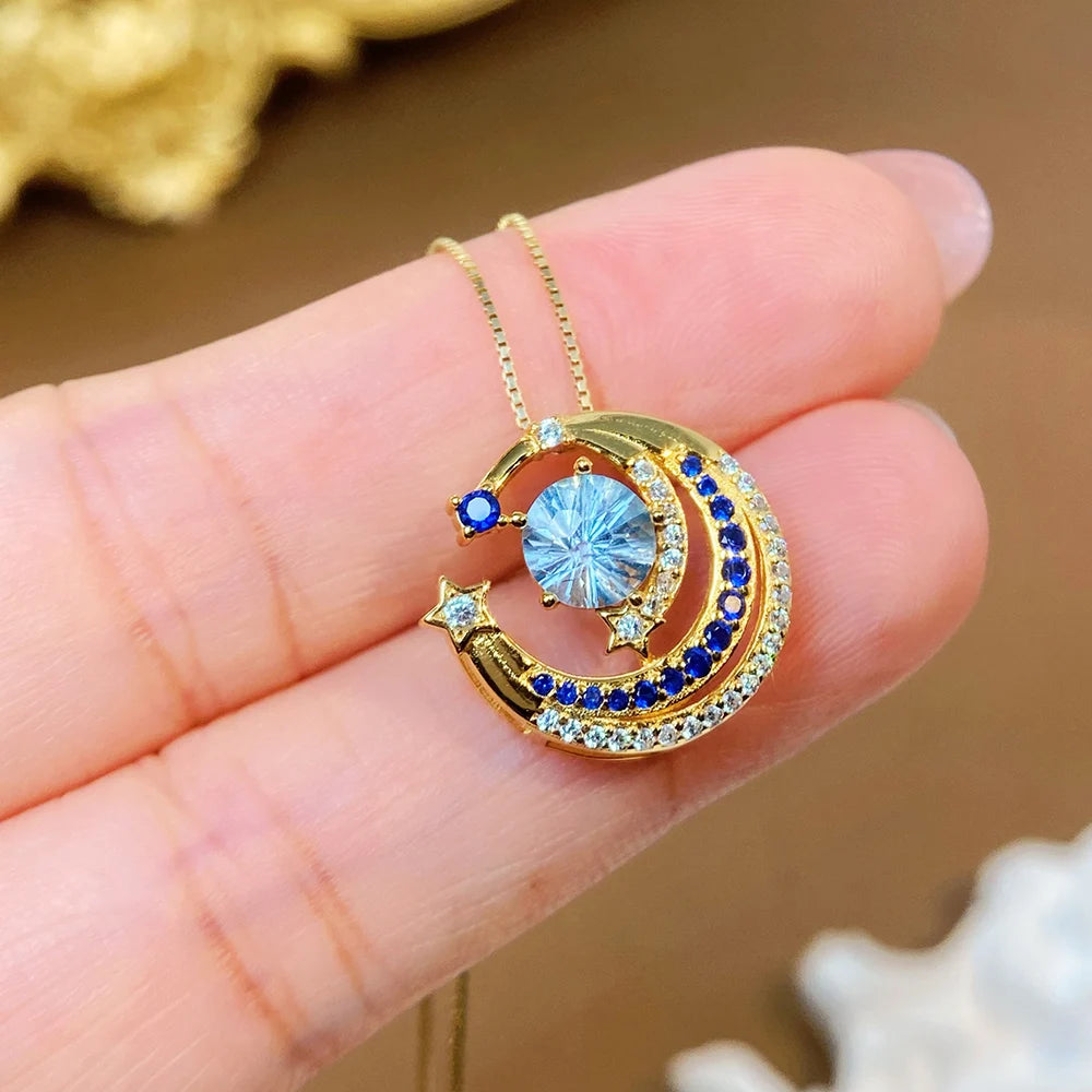 Gioiellieri Luxury Natural Sky Blue Crystal Necklace Round Fireworks Cut S925 Sterling Silver Gold Plated Rhodium Plated Charm Pendant Gift
