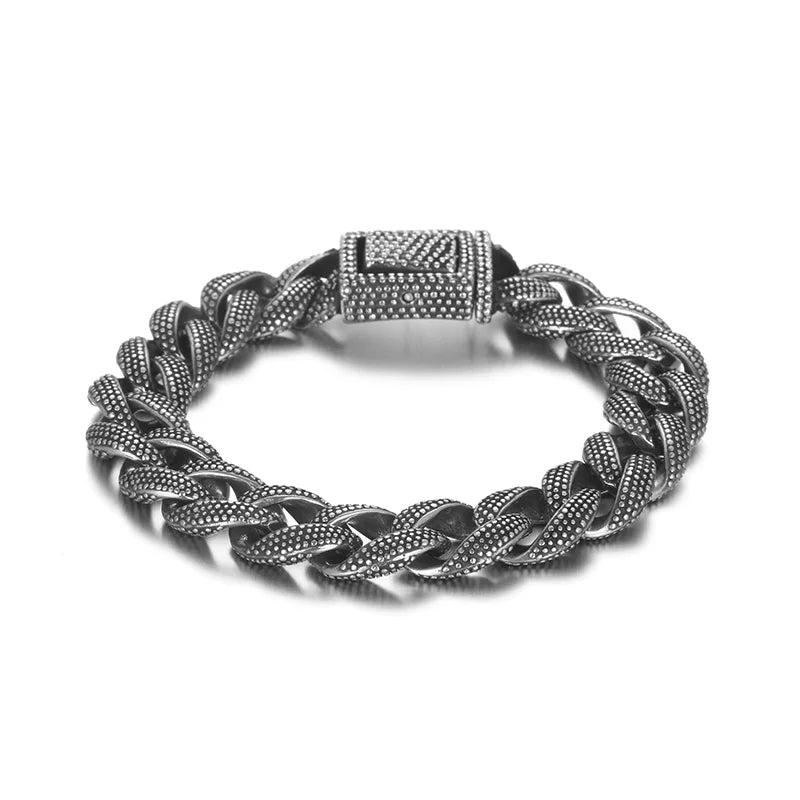 KALEN Men Retro 220mm Stainless Steel Grainy Surface Cuban Links Bracelet