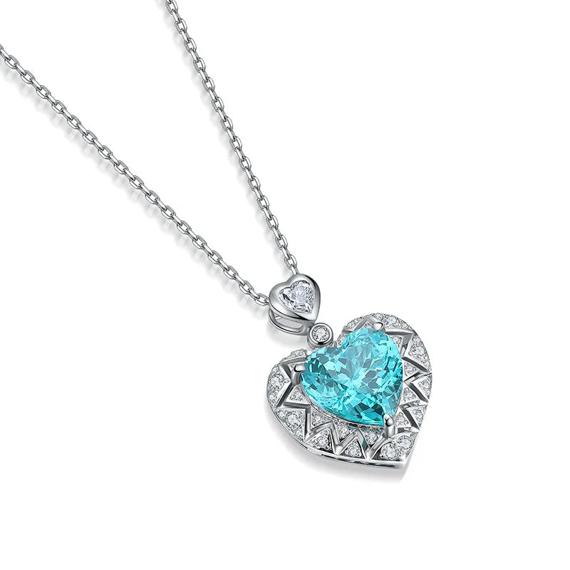 Gemfiori Fashionable High-End Paraba Heart-Shaped Pendant S925 Silver Bead Chain Necklace for Women 85-Carat Center Stone