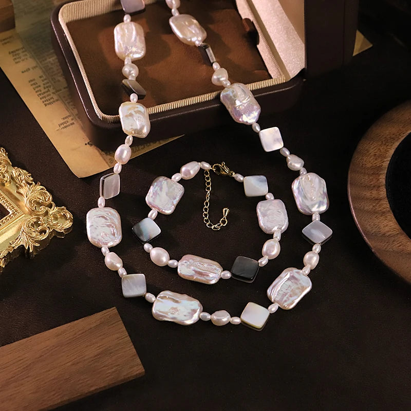 GLSEEVO Natural Freshwater Baroque Pearl Jewelry Set for Mother's Day Gift Rectangle Pearl Necklace Bracelet Luxury Jewelry