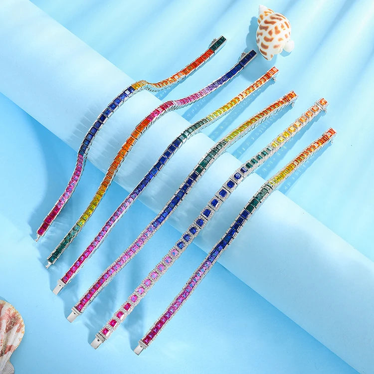 Gemfiori Anster Luxurious Rainbow Bracelets Bangle Multi Color Gemstone Bracelet 925 Sterling Silver Lab Grown Sapphire Chain for Women