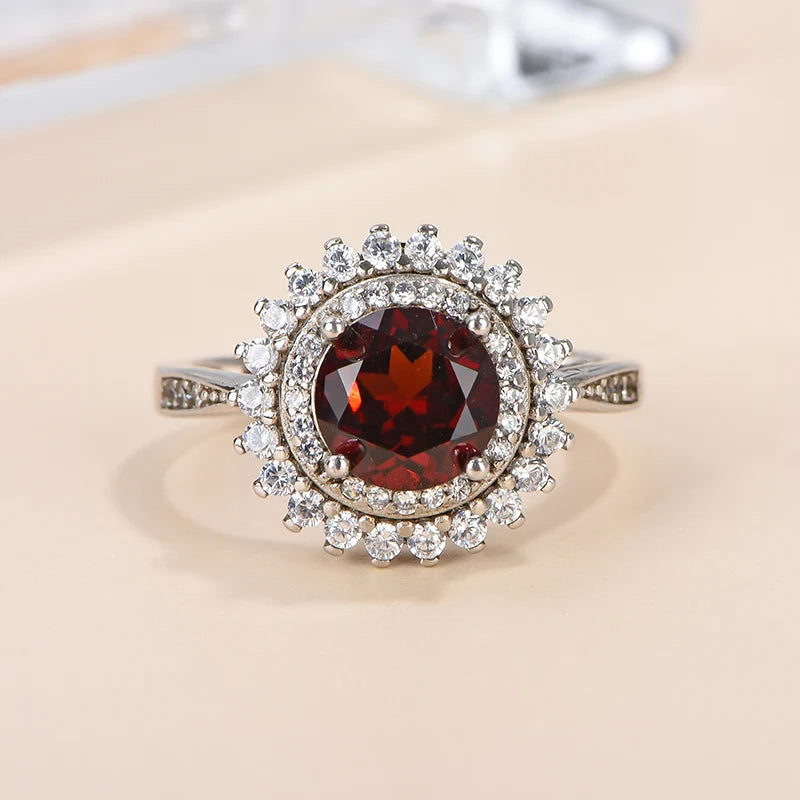 Gioiellieri Natural Garnet Rhodium Plated 925 Sterling Silver Luxury Engagement Ring Round Brilliant Cut Gemstone for Weddings and Parties