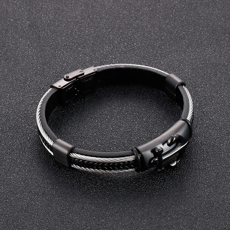 VIKING Mens Punk Stainless Steel & Cowhide Leather Anchor Bracelet