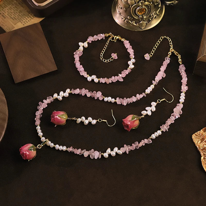 Natural Freshwater Pearl Pink Bud Jewelry Set for Women Daily Wear Dating Valentine's Day Pearl Jewelry Set Bohemian Jewelry