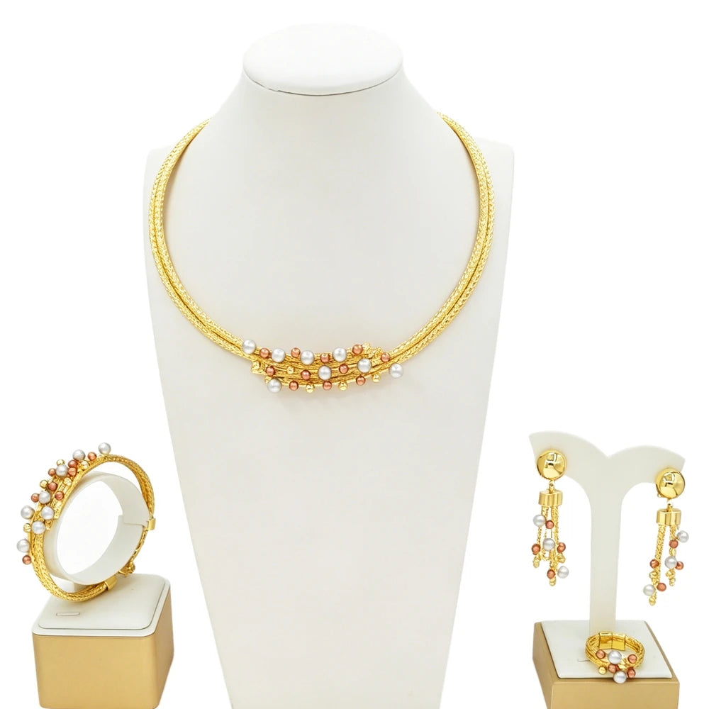 Zhuerrui African Italian Gold Plated Jewelry Set Bold Ribbed Twisted Geometric Choker for Women Wedding Banquet HS26006