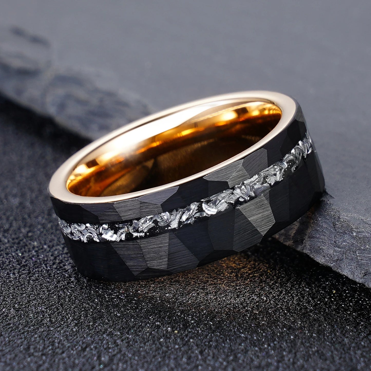 Tungsten Carbide Ring 8mm Black Brushed Geometric Pattern with Gold Inner Rim Scratch-Resistant Iron Shavings Men's Wedding Ring