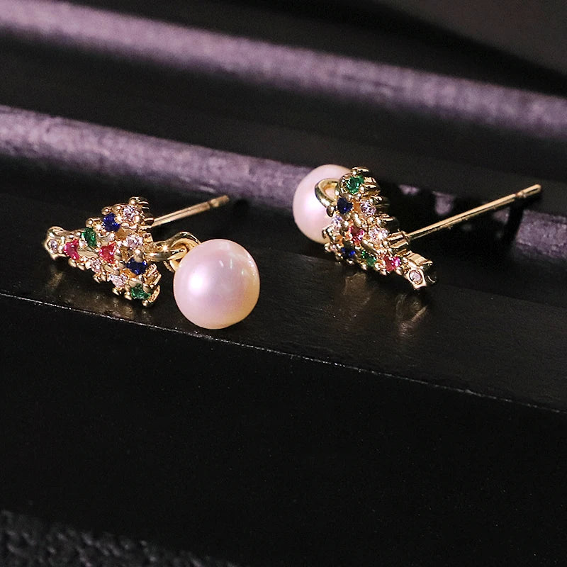 Natural Freshwater Pearl Zircon Christmas Tree Earrings Pendant Fashion Design Earrings Christmas Women's Jewelry GE1783