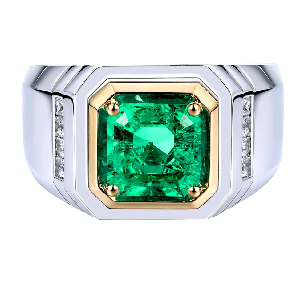 Gemfiori Anster Lab Created Emerald With Inclusions Men's Ring S925 Sterling Silver Lab Made Diamonds and Emeralds Ring