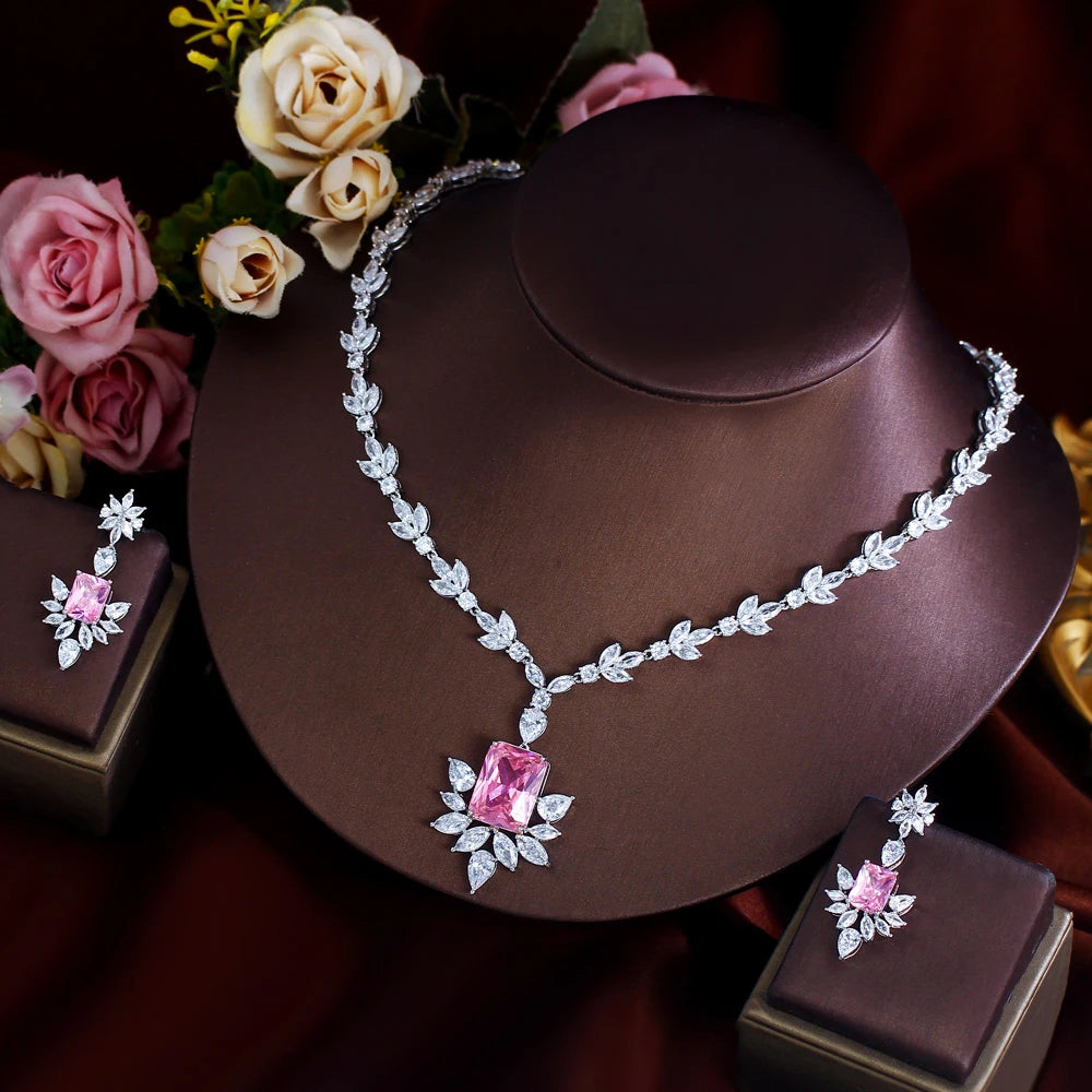 Beautifully Pink Shiny Cubic Zircon Wedding Necklace and Earring Bridal Jewelry Set for Women Bridesmaids Prom Accessories