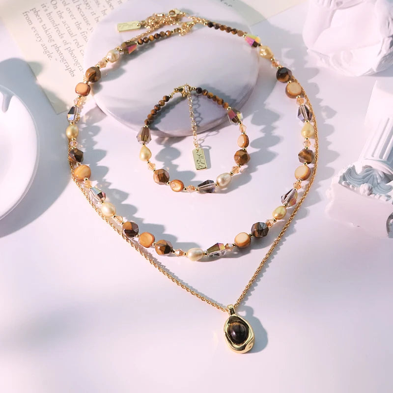 Natural Pearl Tiger Eye Stone Pendant Bracelet Set of Three New Design Creative Set for Banquet Gifts Women's Jewelry GS0219