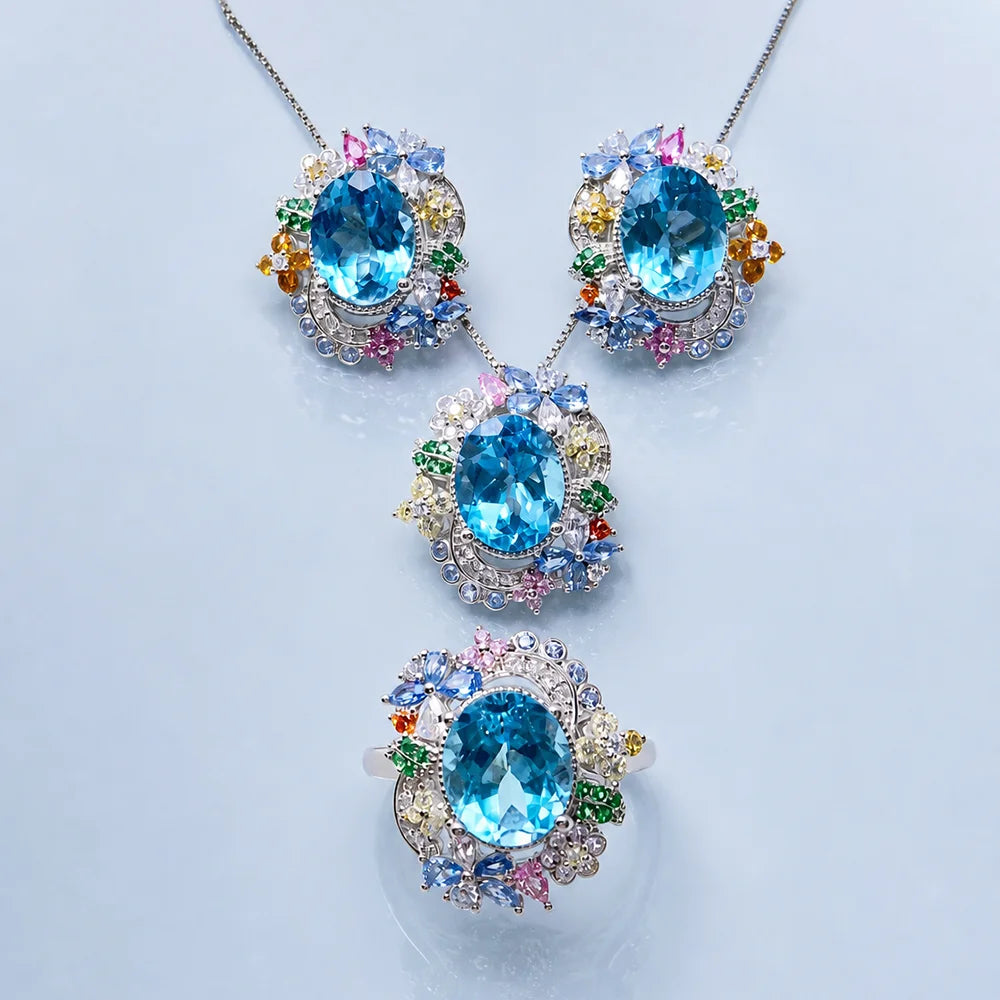 Gioiellieri New 925 Silver Gold Plated Pear Cut Natural Topaz Luxury Fashion Gemstone Jewelry Sets High Quality for Women Parties Engagement
