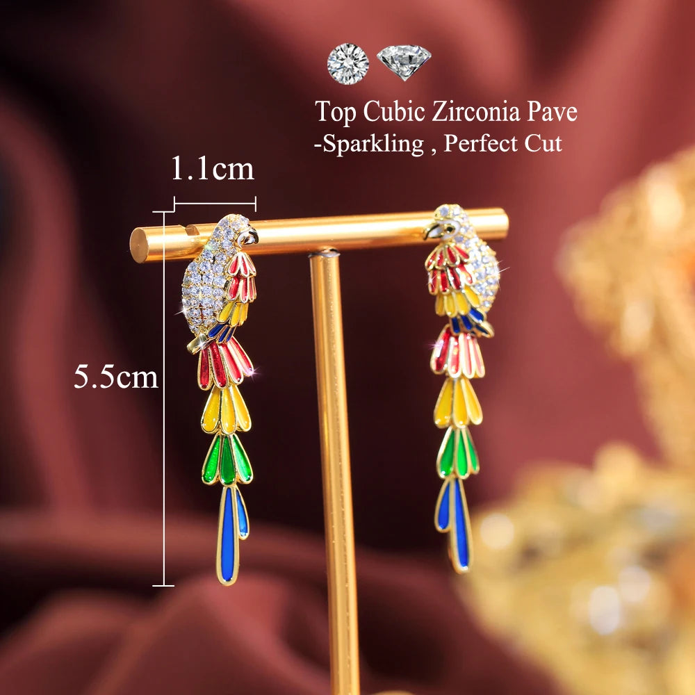 S&S Colourful CZ Feather Bird Dangle Drop Earrings – Gold Plated – Collection