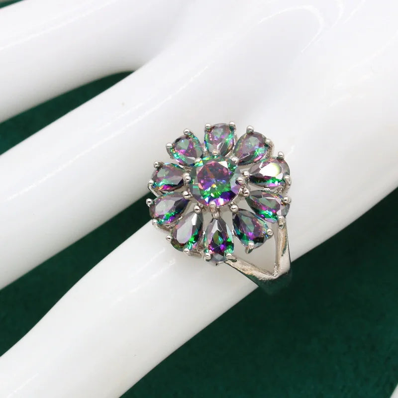 XOTICA Dubai Jewelry Set for Women Rainbow Zirconia Silver Color for Wedding Party Engagement; Includes Bracelet Hoop Earrings Ring
