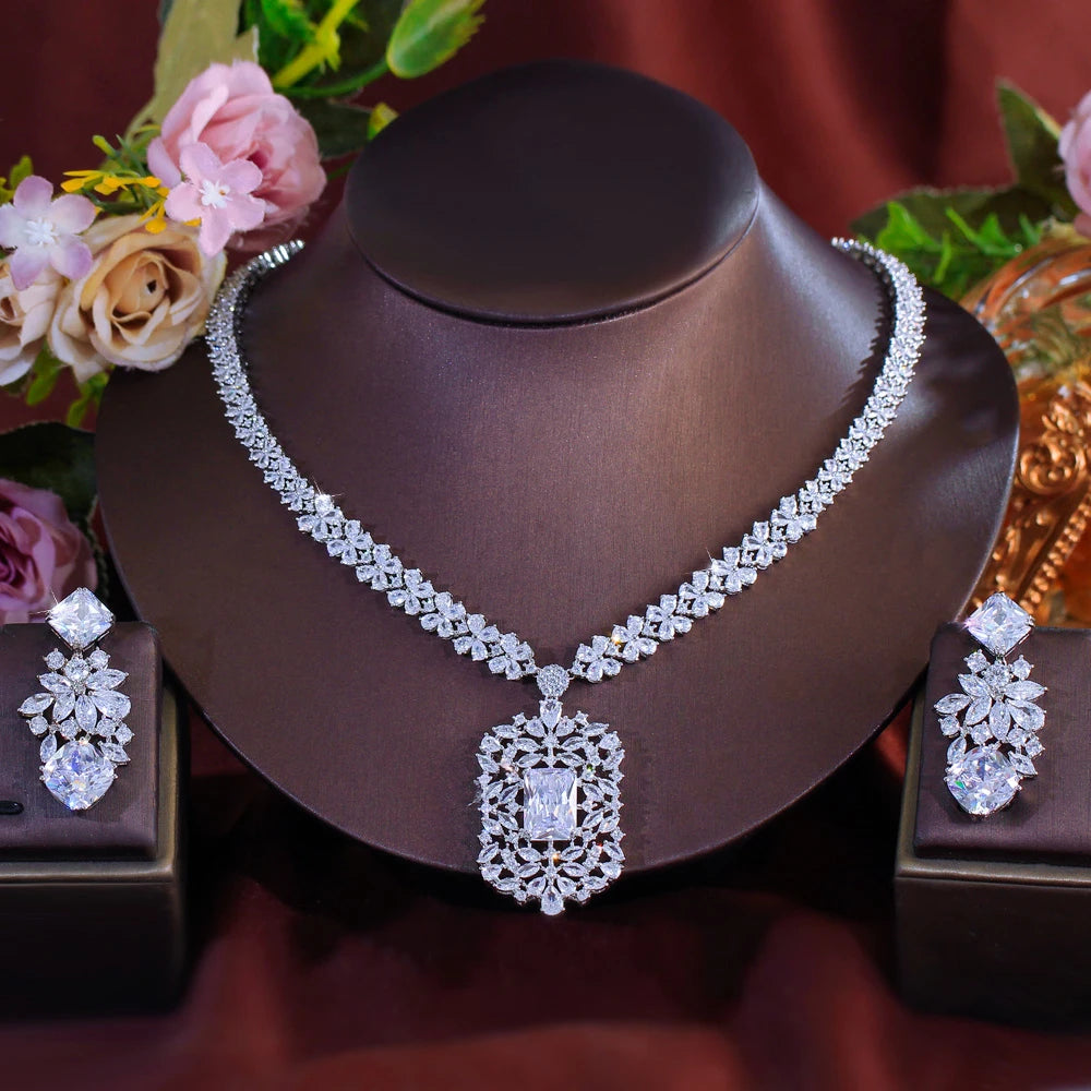 White Gold Color Blue Shiny Cubic Zircon Stone Indian Women Luxury Wedding Necklace and Earrings Costume Jewelry Set for Brides