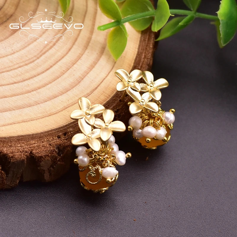 Natural Fresh Water Pearl Petals Shape Jade Drop  Earrings for Women New Fashion Vintage Wedding Yiwu Earrings Bulk Jewelry  "