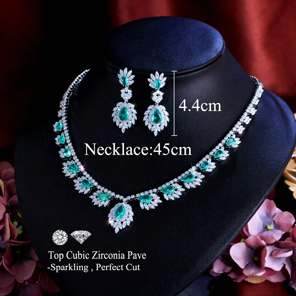 Chic White and Green Cubic Zirconia Feather Shape Necklace and Earrings Wedding Brides Banquet Luxurious Jewelry Set for Women