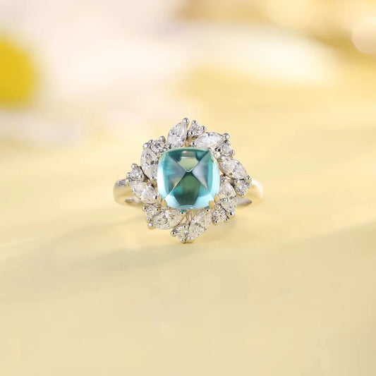 Gemfiori Anster 925silver Sugar Loaf Cutting Lab Grown Paraiba and Moissanite Ring for Women Customized Service Rings Acceptable