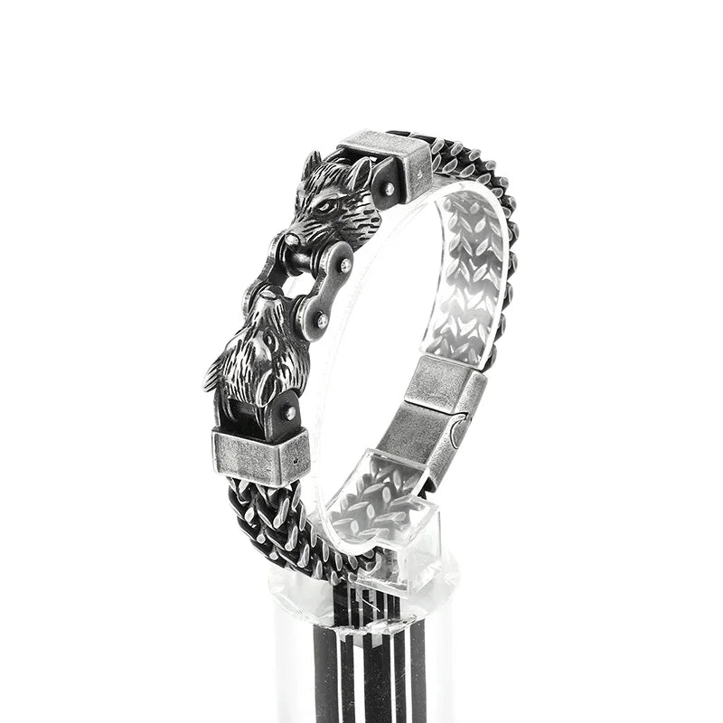 KALEN Men Punk Gold/Silver/Black/Oxidized Black Stainless Steel Wolf Head Charm Herringbone Chain Bracelet