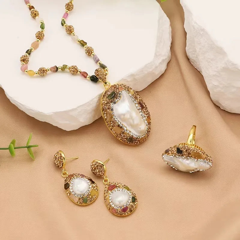 GLSEEVO Natural Baroque Shaped Pearl Women Jewelry Necklace Bracelet Earring Ring Luxury  Women'S Sets for Women Set Gifts