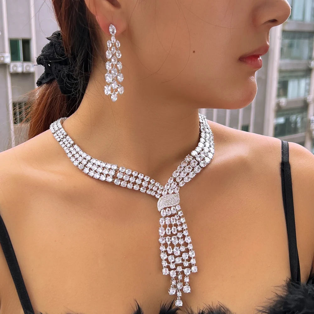 Super Shiny Luxury Cubic Zirconia Long Big Earrings and Necklace Set Party Wedding Bridal Jewelry Set for Women Jewellery