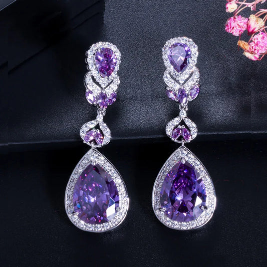 925 Silver Color Water Drop Purple Zirconia Dangle Earrings Trendy Bridal Jewelry for Women's Party Wedding Giftable Dangle