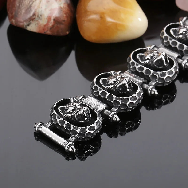 KALEN 230mm Punk Stainless Steel Wolf Head Charms Links Bracelet for Men