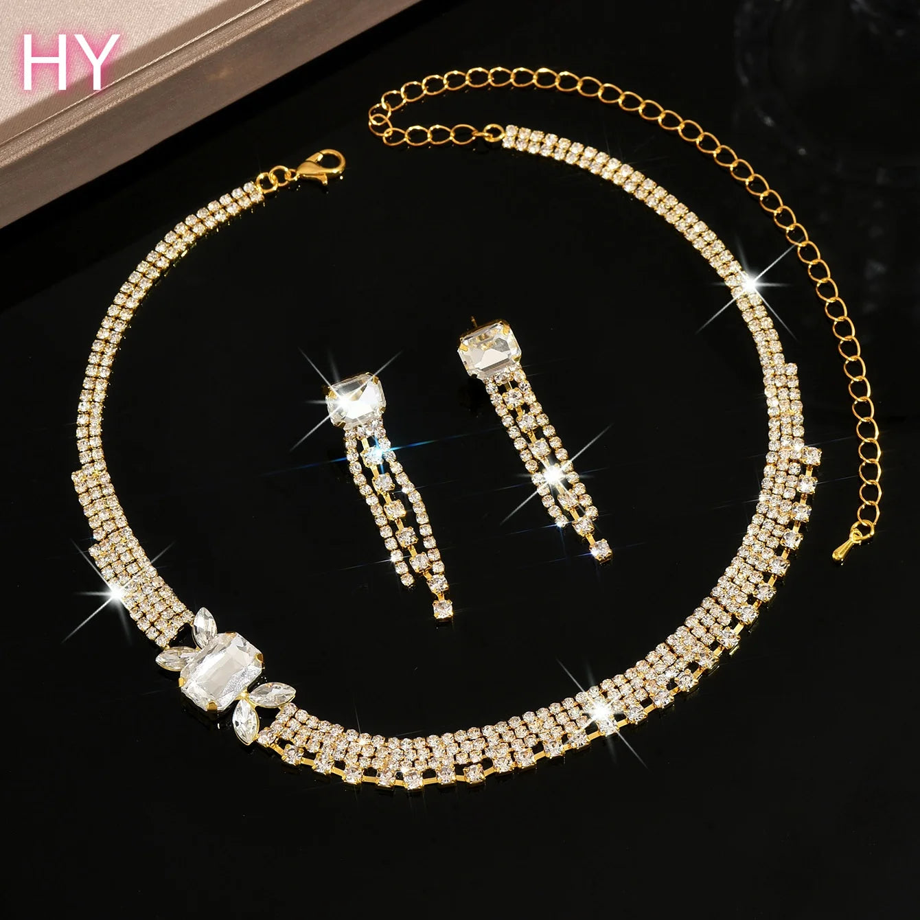 HY  Crystal Bridal Wedding Jewelry Gold Pleated Rhinestone Necklace Earrings Bracelet Ring Sets Formal Costume