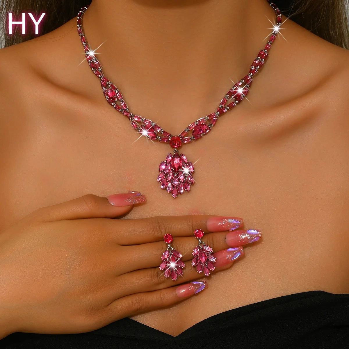 HY  Handmade Zircon Luxury Necklace Earring Set, Fashionable Water Droplet Pendant Jewelry