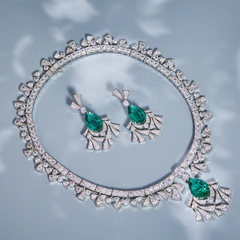 High Quality Jewelry Plated with Brass Green Gemstone Necklace Earrings  Exaggerated Fashion Set  Women's Pendant Necklace