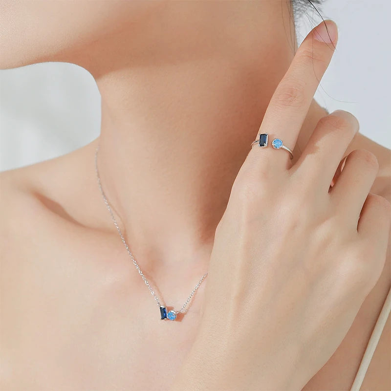S&S Geometric Blue Zircon 925 Silver Jewellery Set | Rhodium Plated Necklace, Earrings & Ring | S&S Collection