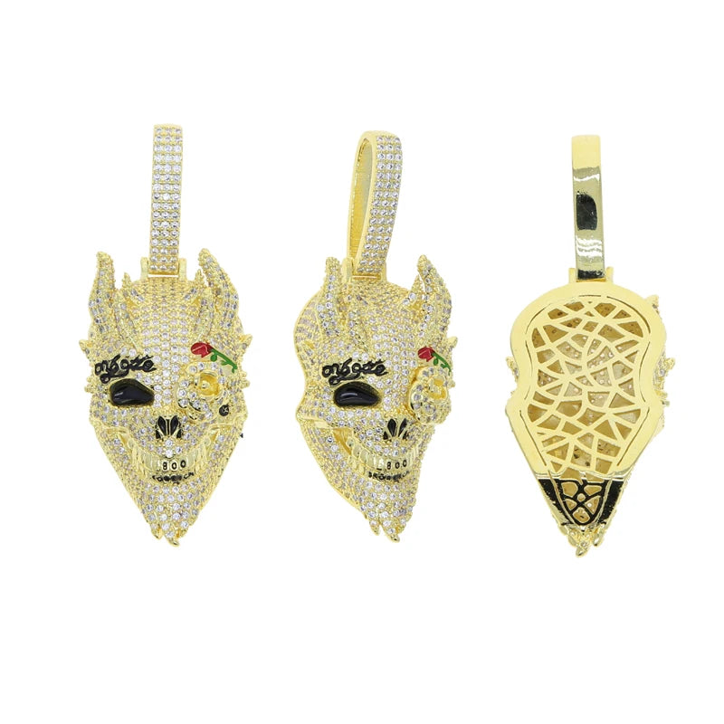 BiG-BOSS Bling Full Diamond 3 Colors Cool Rock Punk Men Jewelry Micro Pave CZ Iced Out Big 3D Shaped Skull Pendant Hip Hop Necklace