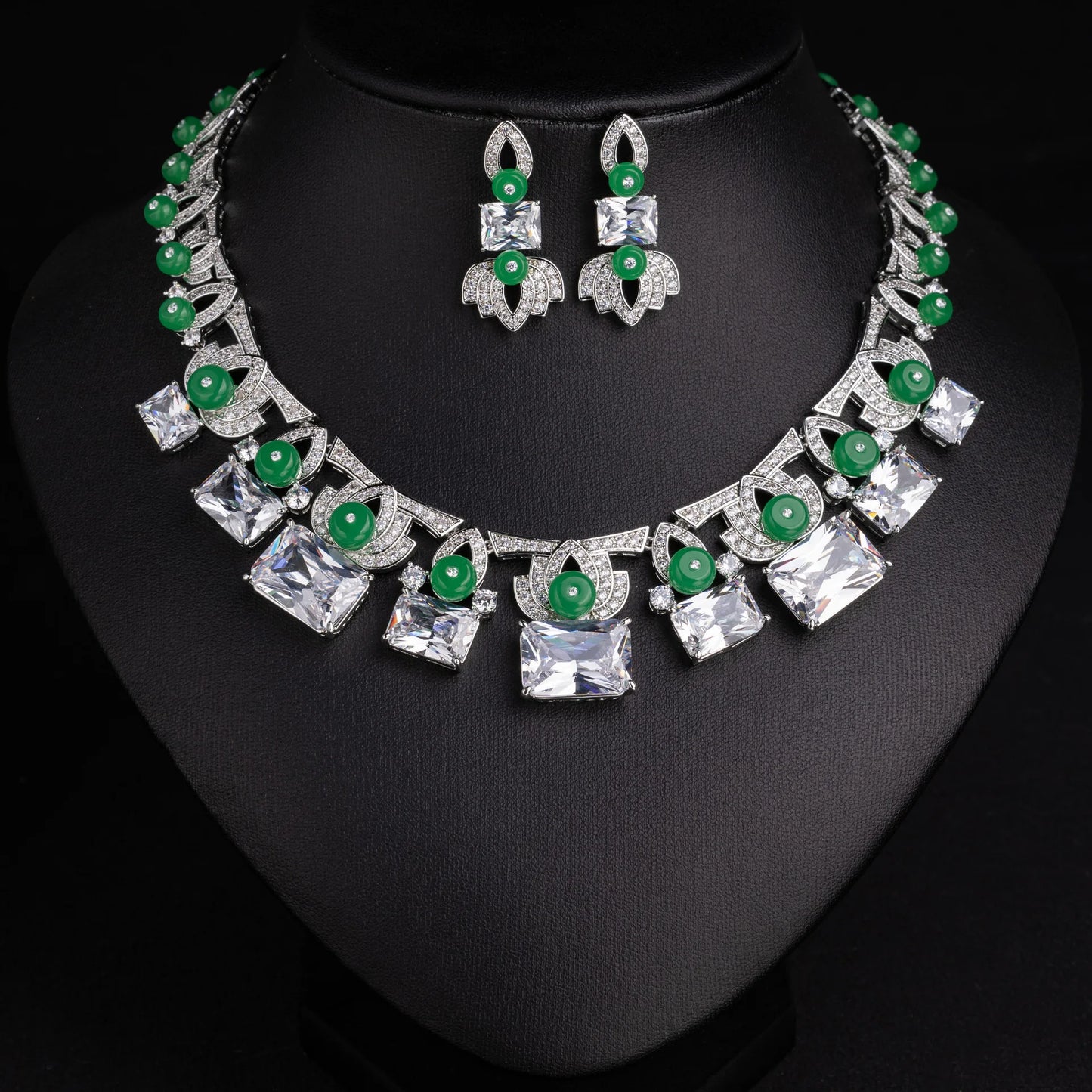 Luxury Colourful Zirconia Vintage Flower Necklace & Earrings Set — Multi, White & Blue