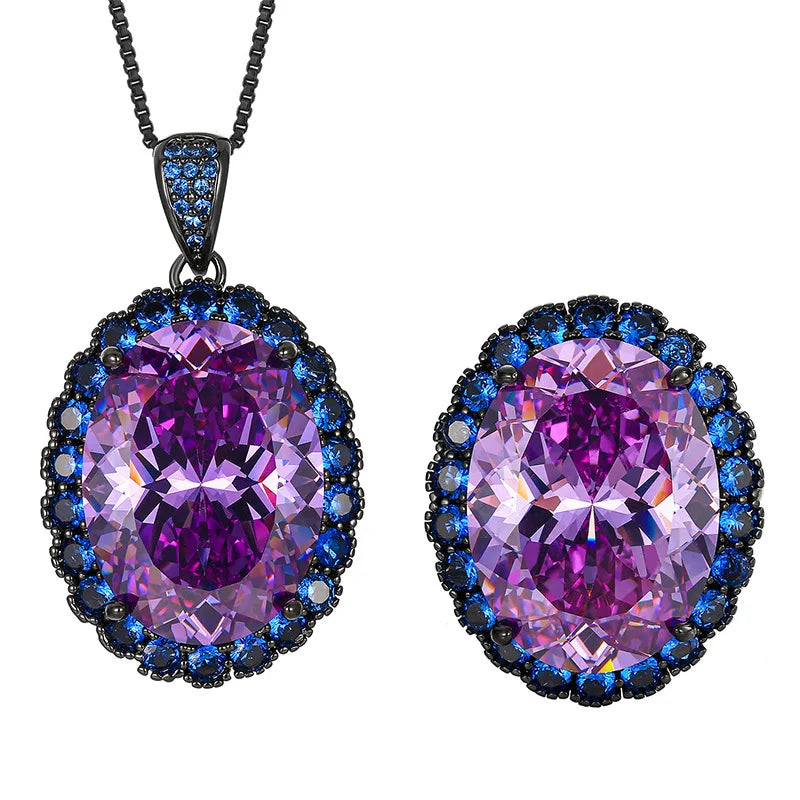 Gemfiori New Dark Blue Zircon Set Personalized Black Gold Ring High Quality Charm Pendant Necklace Earnail Set