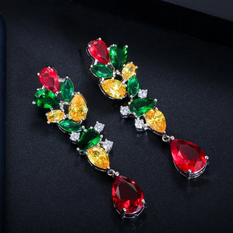 Designer Multicolor Green Red Yellow Cubic Zircon Leaf Flower Dangle Water Drop Long Earrings for Ladies Wedding Party Jewelry