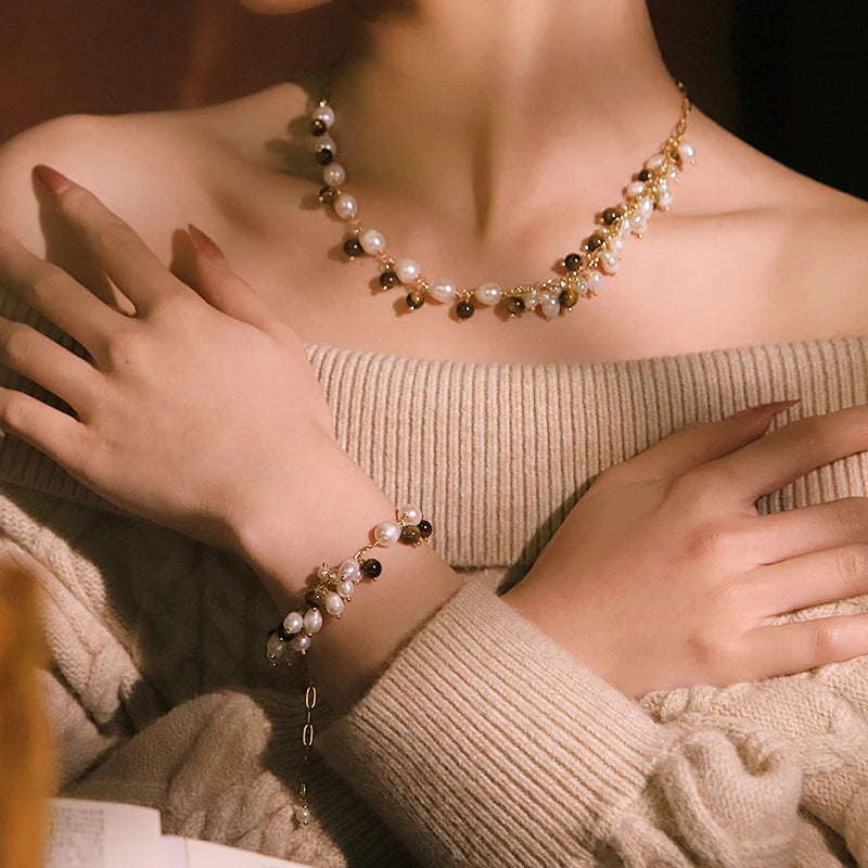 Natural Pearl Tiger Eye Stone Chain Bracelet Necklace Set Luxurious Design Jewelry Set for Banquet Gifts for Women GS0222
