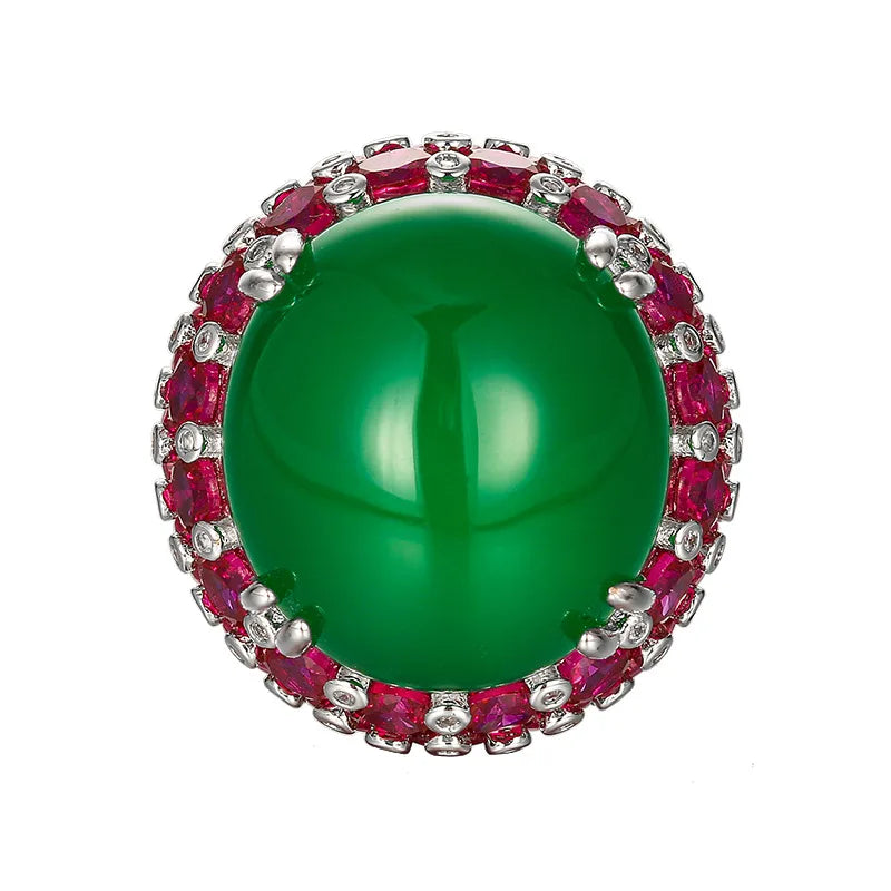 REDheart Brass Inlaid Zircon Open Movable Ring Simulation Green Chalcedony Fluorescent Advanced Luxury 18K Gold Plated Flower Design Set