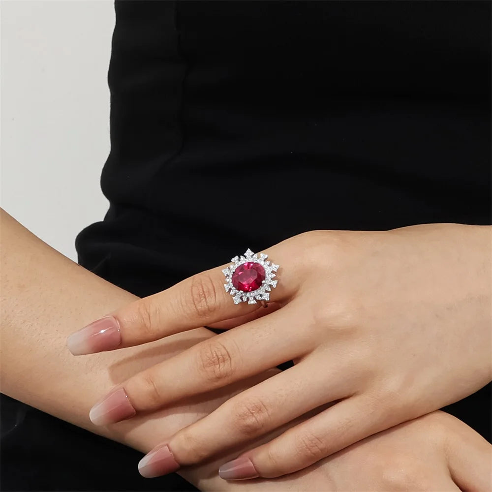 Gemfiori Luxury 925 Silver Big Main Stone Fancy Oval Cut 10x12mm Pinkish Red Lab Grown Ruby Women Ring for Dinner Party Cocktail Ring