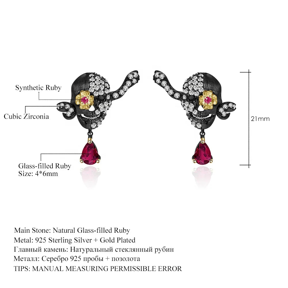 ArtistA Abiding Black Gun Plated Handmade Glass-filled Ruby Adjustable Ring Skull Gothic Earrings 925 Silver Halloween Jewelry Set